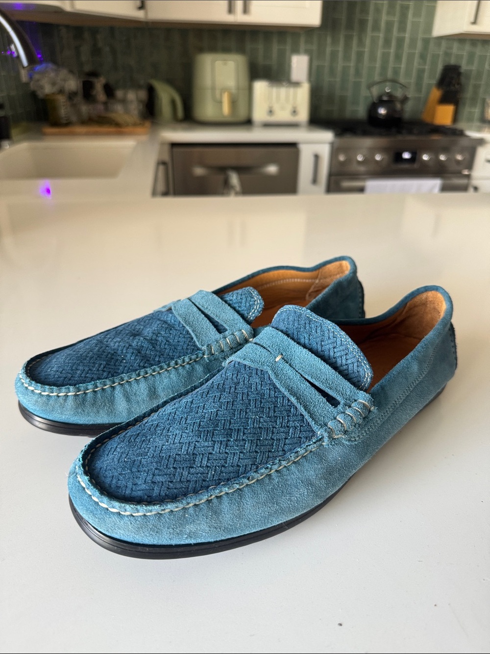 Saks Fifth Avenue Teal Suede Woven Penny Loafers